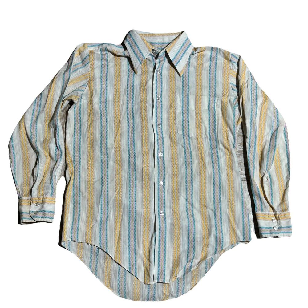 Men's Vintage Pastel Striped‎ Long Sleeve Shirt - Large - Retro Disco 70s
